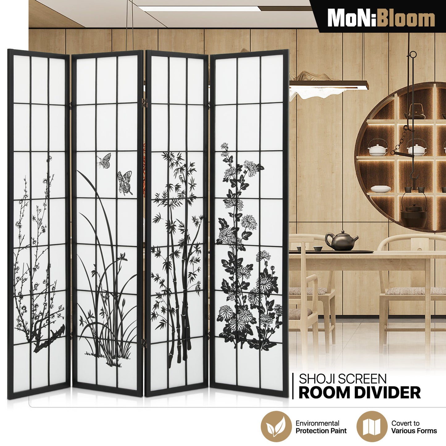 4-Panel Flower Painting Room Divider - Black