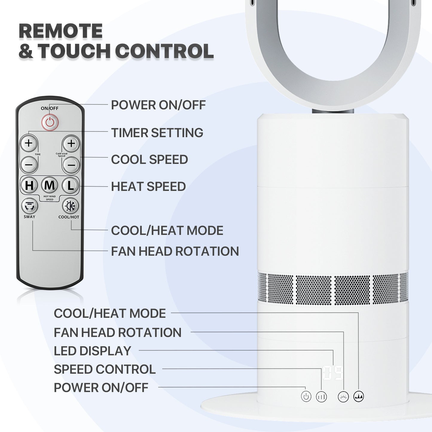 31.5 Inch Bladeless Fan - Space Heater - 10 Speeds Cooling & 3 Speeds Heating