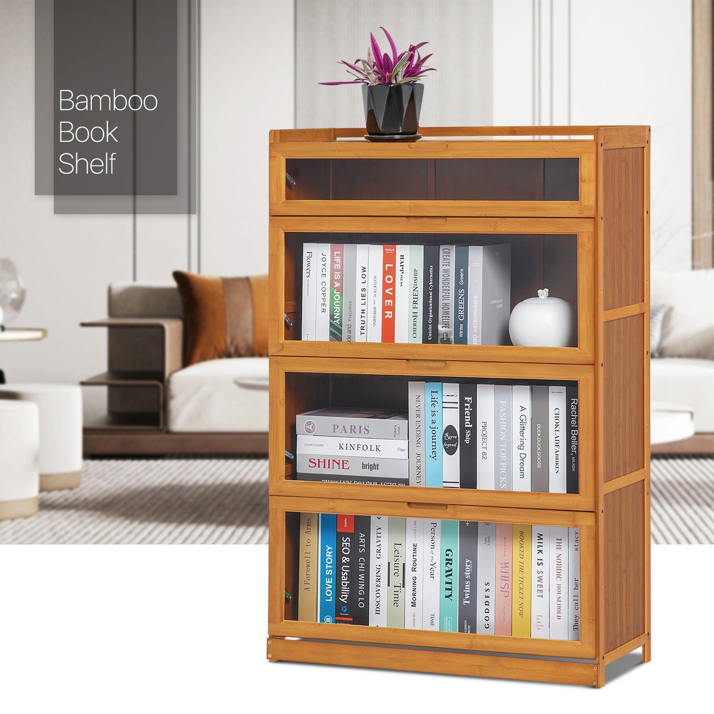Visible Drop Down Door Bookcase w/Short Compartment - Bamboo/Acrylic - Brown