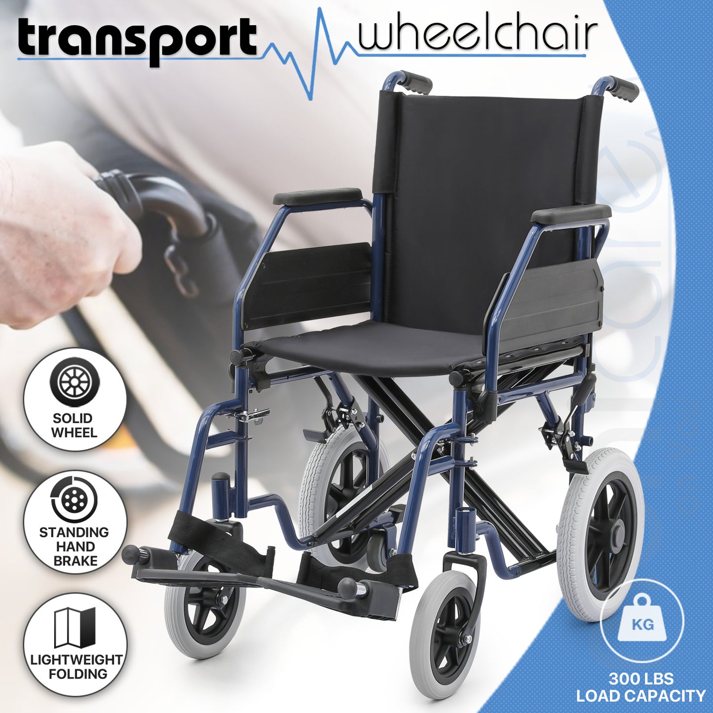 Transport Wheelchair - PU Solid Tyre - Blue