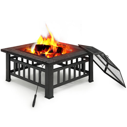 32" Square Fire Pit Table w/Log Grate+Poker & Spark Screen