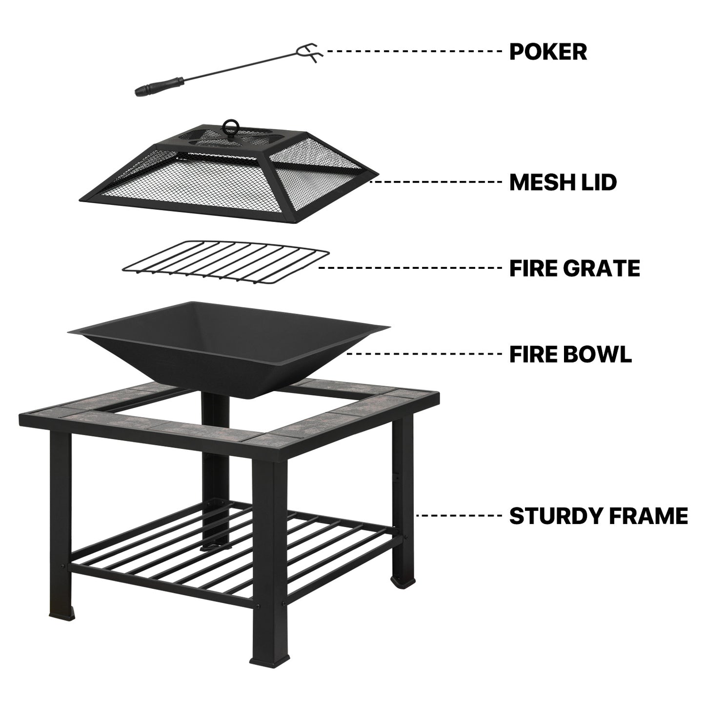 30" Square Fire Pit Table w/Log Grate & Poker & Spark Screen