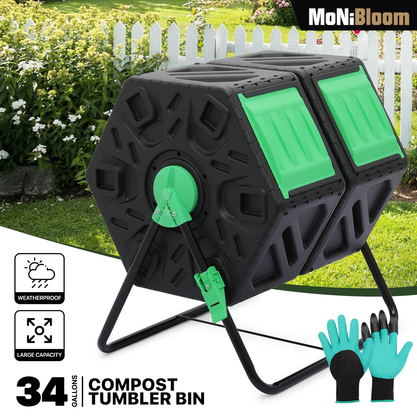 34 Gallon Dual Chamber Compost Bin - 2 Sliding Doors - with Gloves
