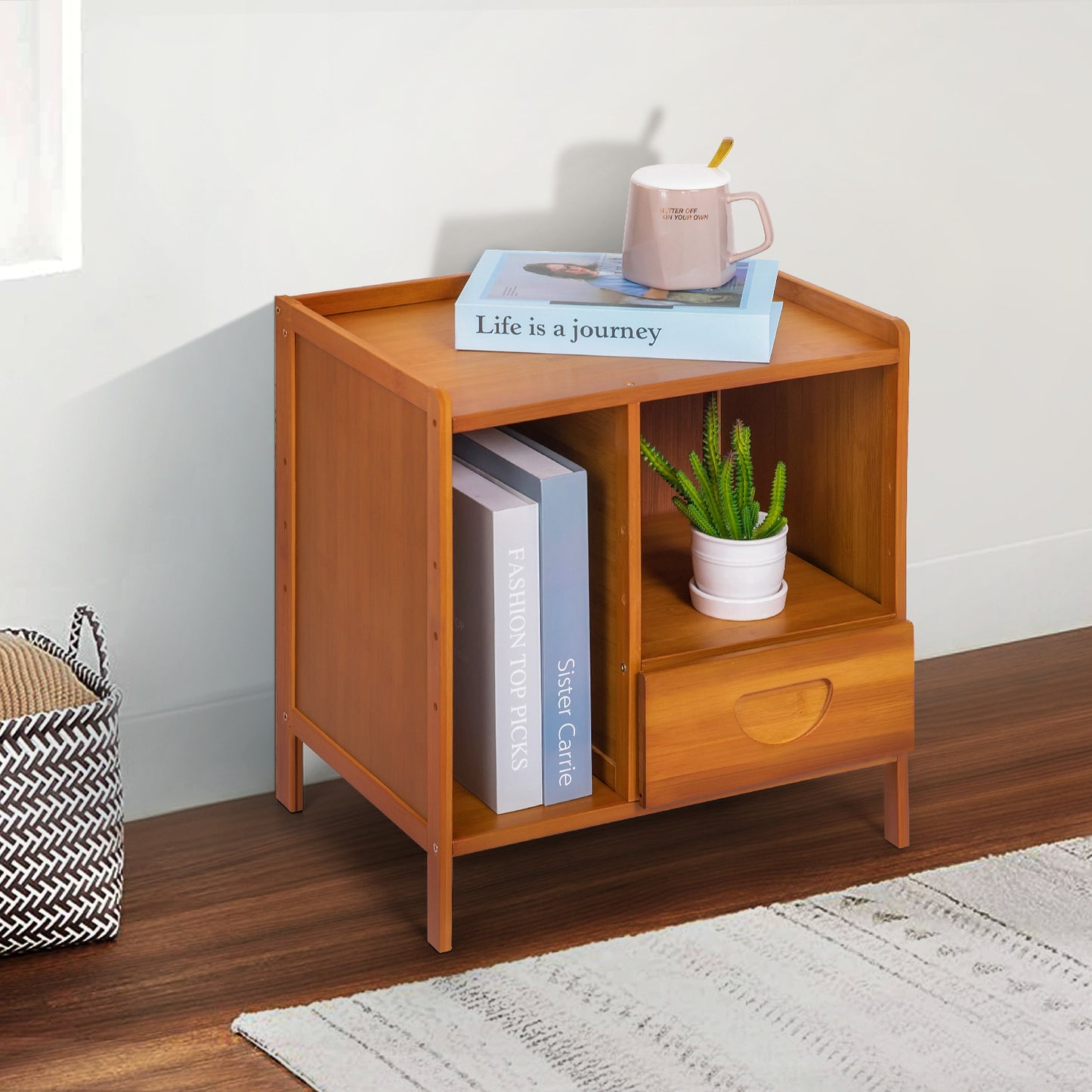 Bedside Cabinet Storage Shelf Nightstand - with Magazine Compartment - Single Drawer