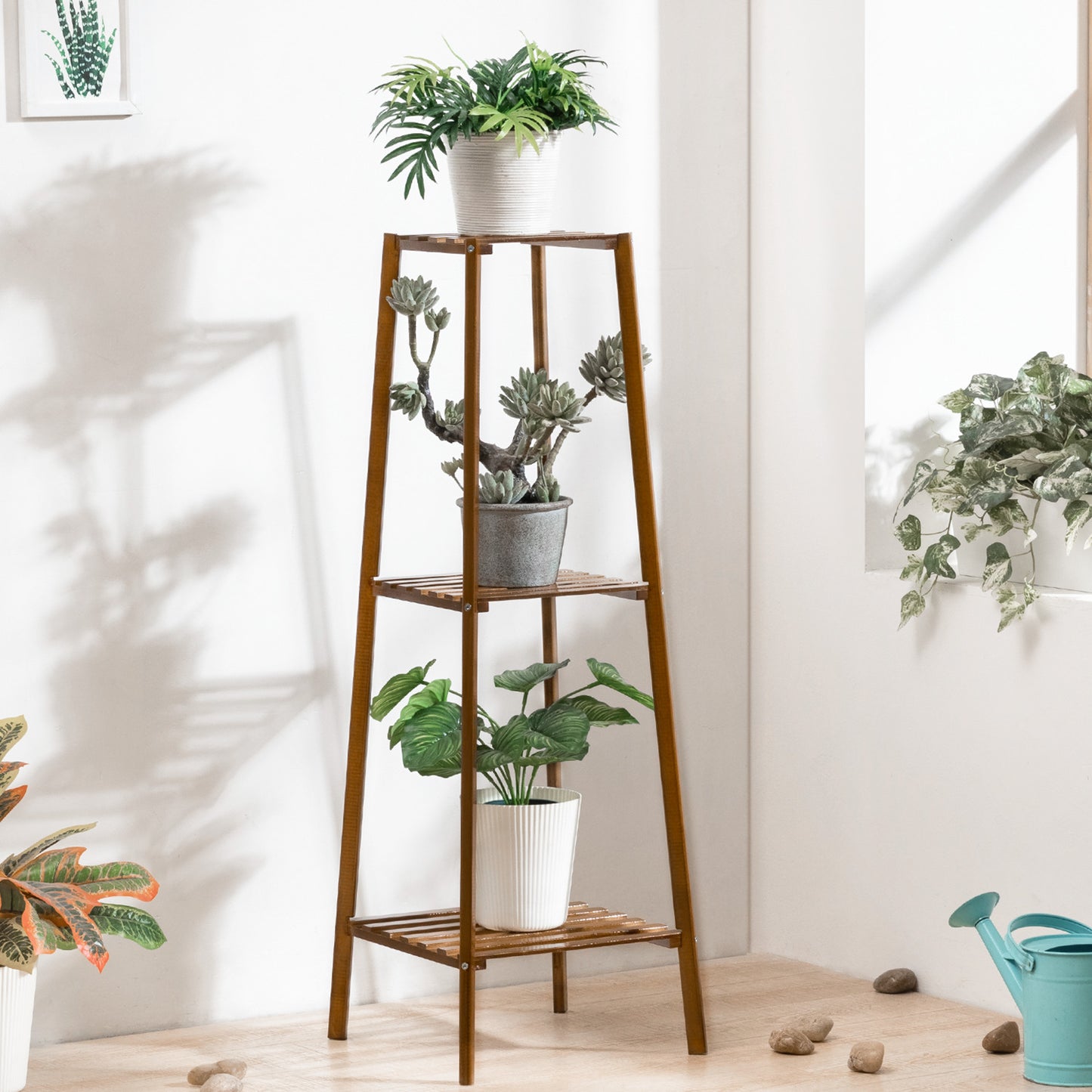 Simplified Flower Plant Stand Display Tower - A Shape - Brown