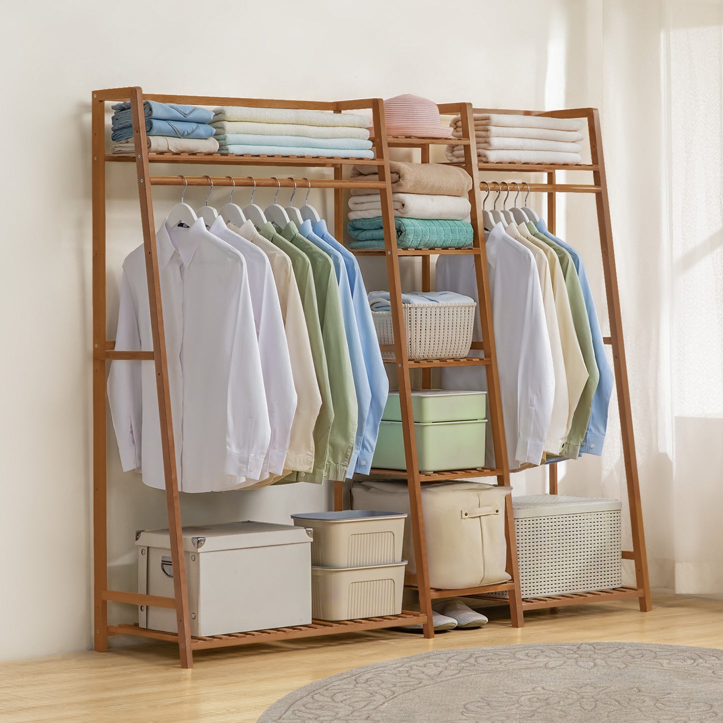 Trapezoid Garment Cabinet Clothes Organizer - Double Rack - Brown
