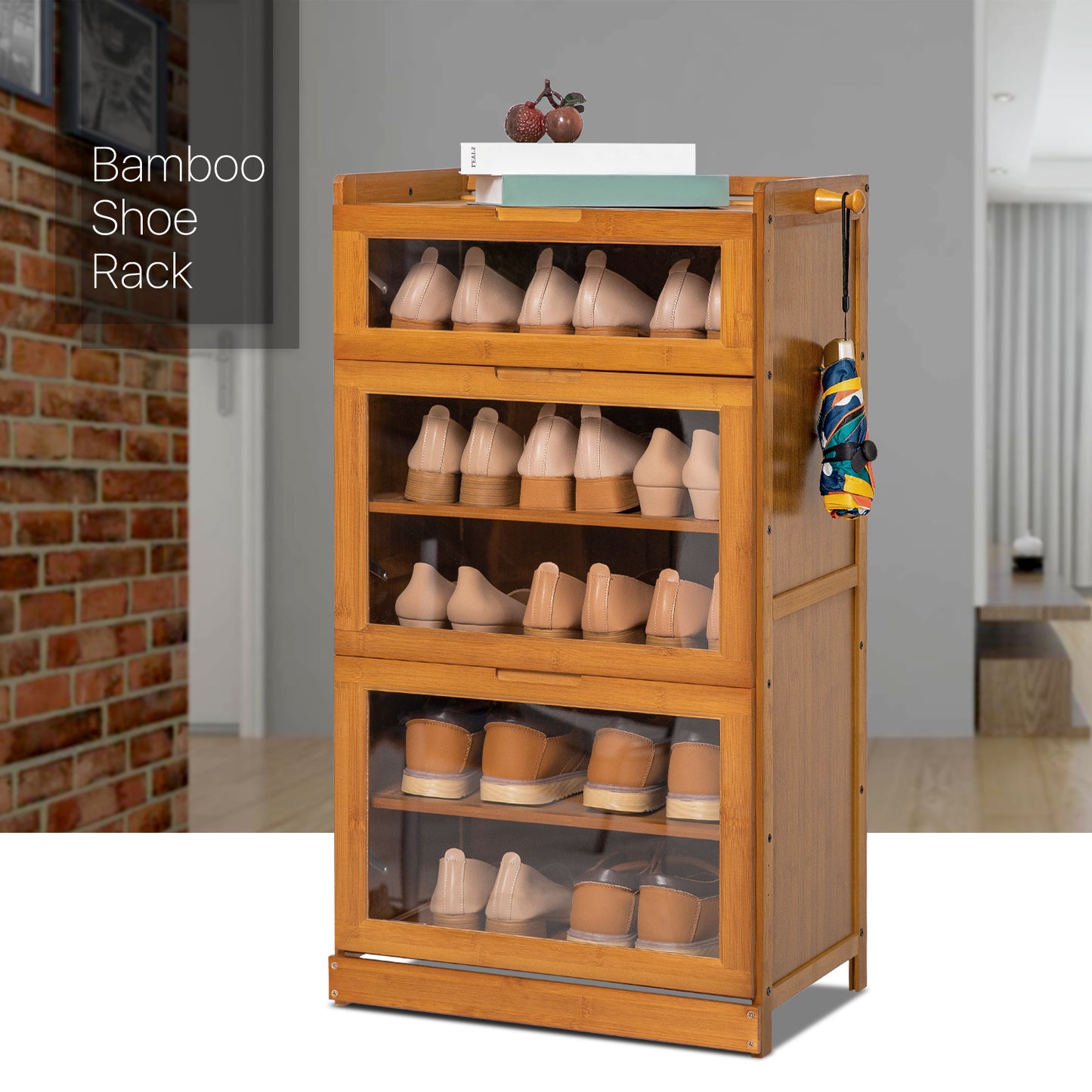 Visible Drop Down Door Shoe Organizer - Bamboo/Acrylic - Brown