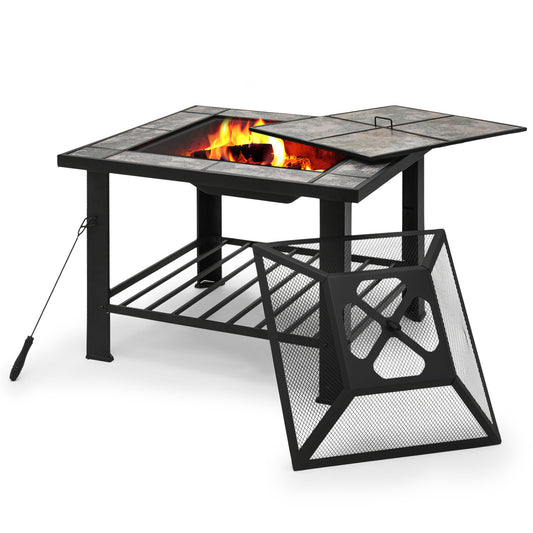 30" Square Marble Tabletop Fire Pit Table w/Lid & Poker & Spark Screen