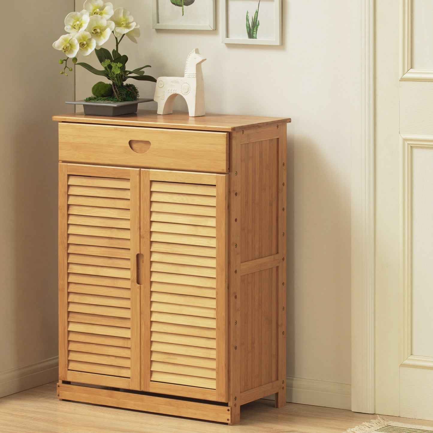 Louver Panel Double Door Cabinet - with Drawer