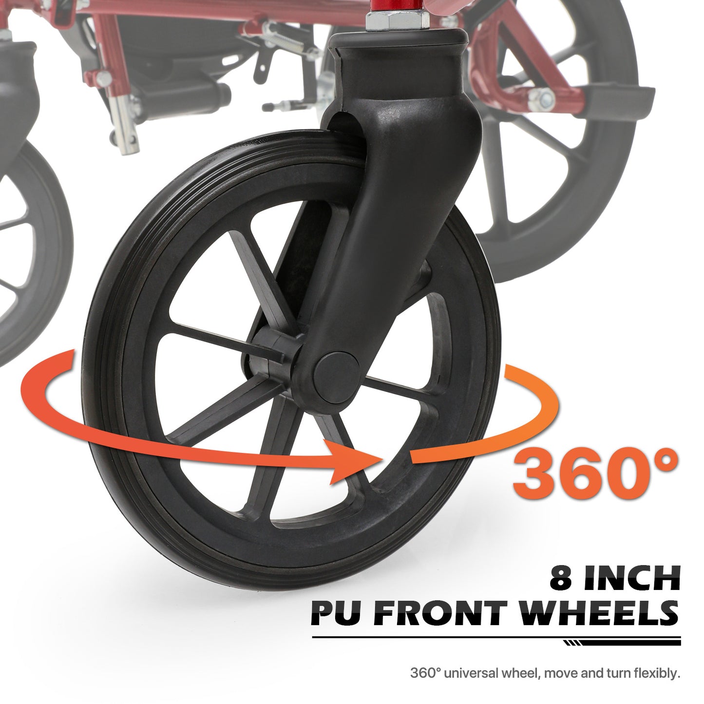 Transport Wheelchair - FDA Approved, PU Paded Armrest, Red