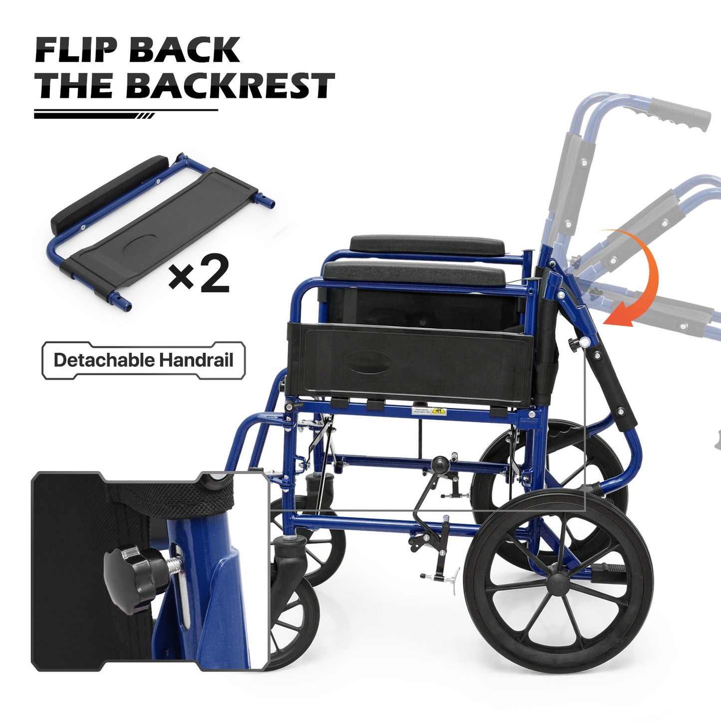 Transport Wheelchair - FDA Approved, PU Paded Armrest, Blue