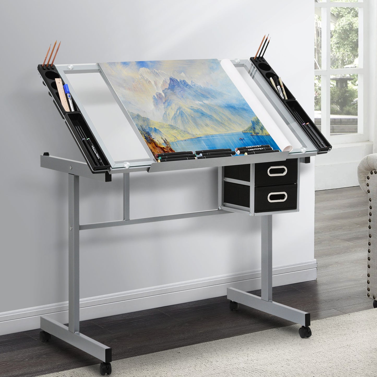 Drafting Table - 41" Crystal desktop with grey frame, 2 black drawers, rolling casters