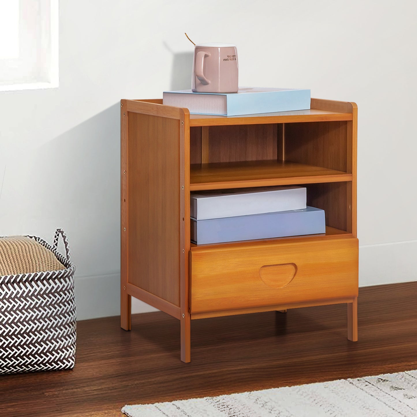 Bedside Cabinet Storage Shelf Nightstand - 2 Tier - with Single Drawer