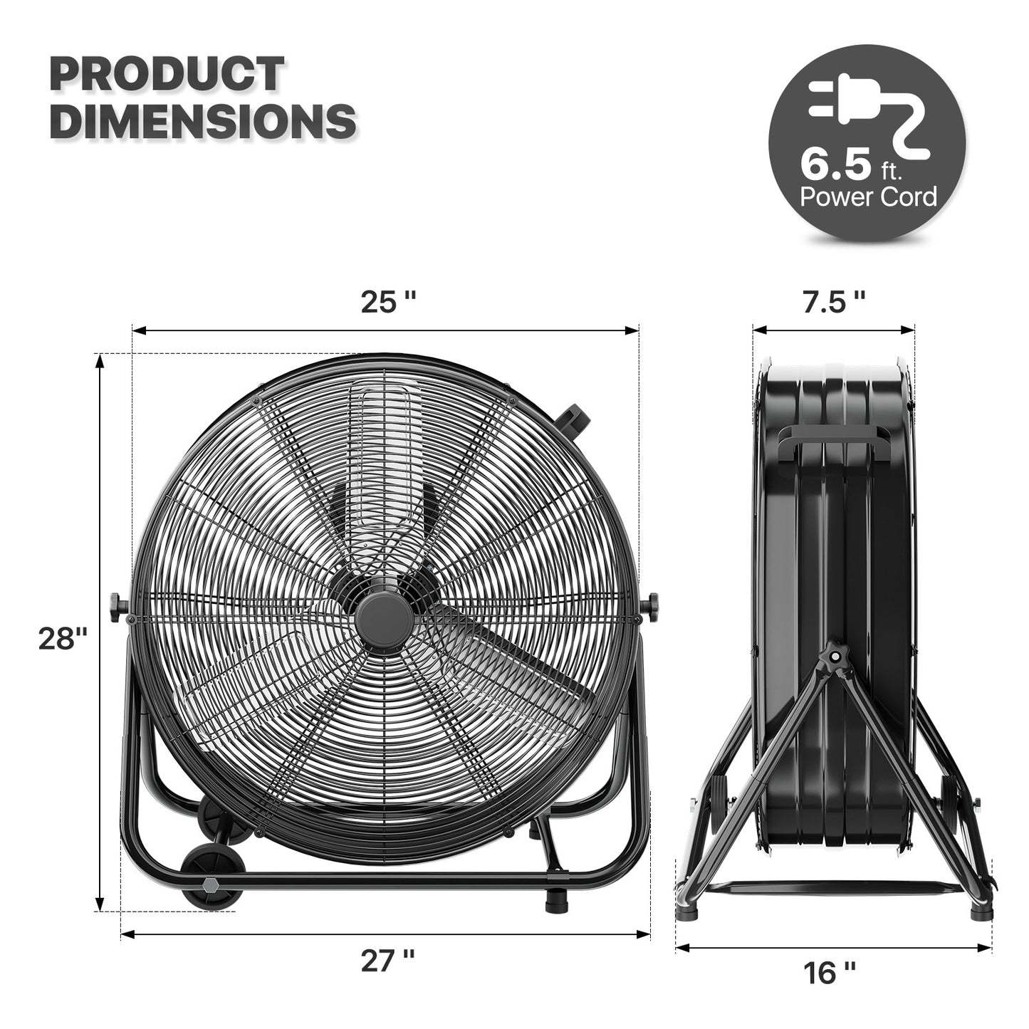 24" Rolling Floor Fan - 3 Speeds - Adjustable Tilt