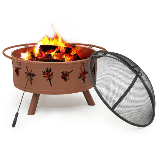 32" Leaf Pattern Round Fire Pit w/Log Grate & Poker & Spark Screen