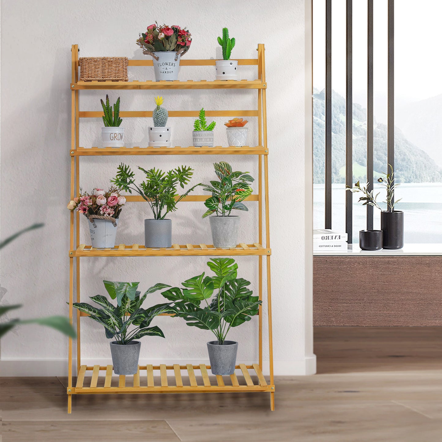 Foldable Flower Plant Rack - A Frame Stand Shelf - 4 Tier - Natural