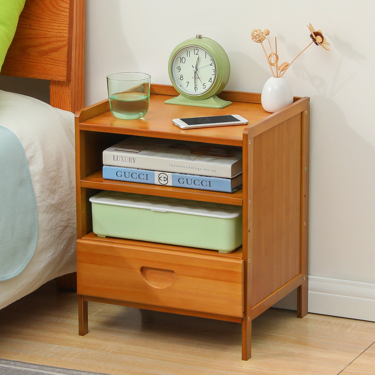 Bedside Cabinet Storage Shelf Nightstand - 2 Tier - with Single Drawer