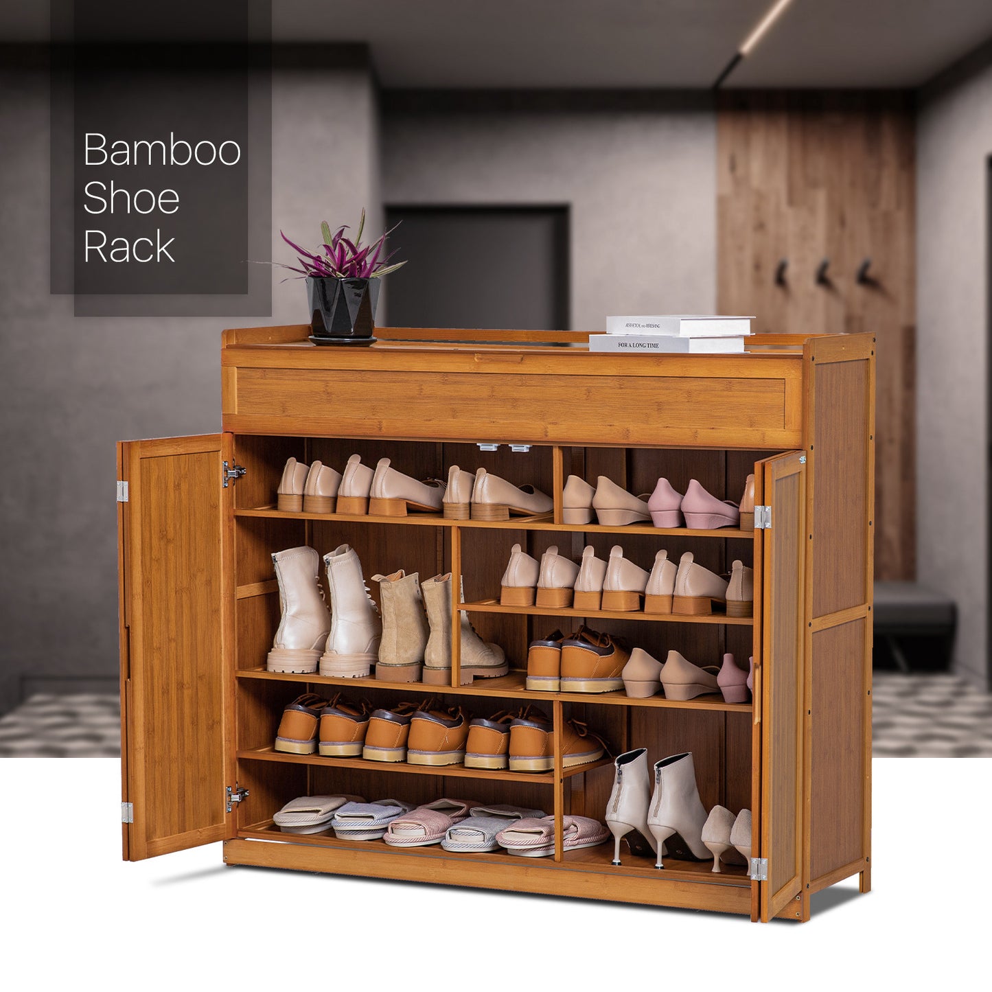 Folding Door Entryway Shoe Cabinet - with Boot Compartment - Brown