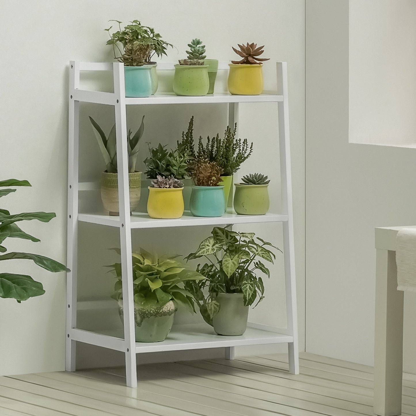 Simplified Trapezoid Multi-Functional Flower Plant Rack - 3 Tier - White