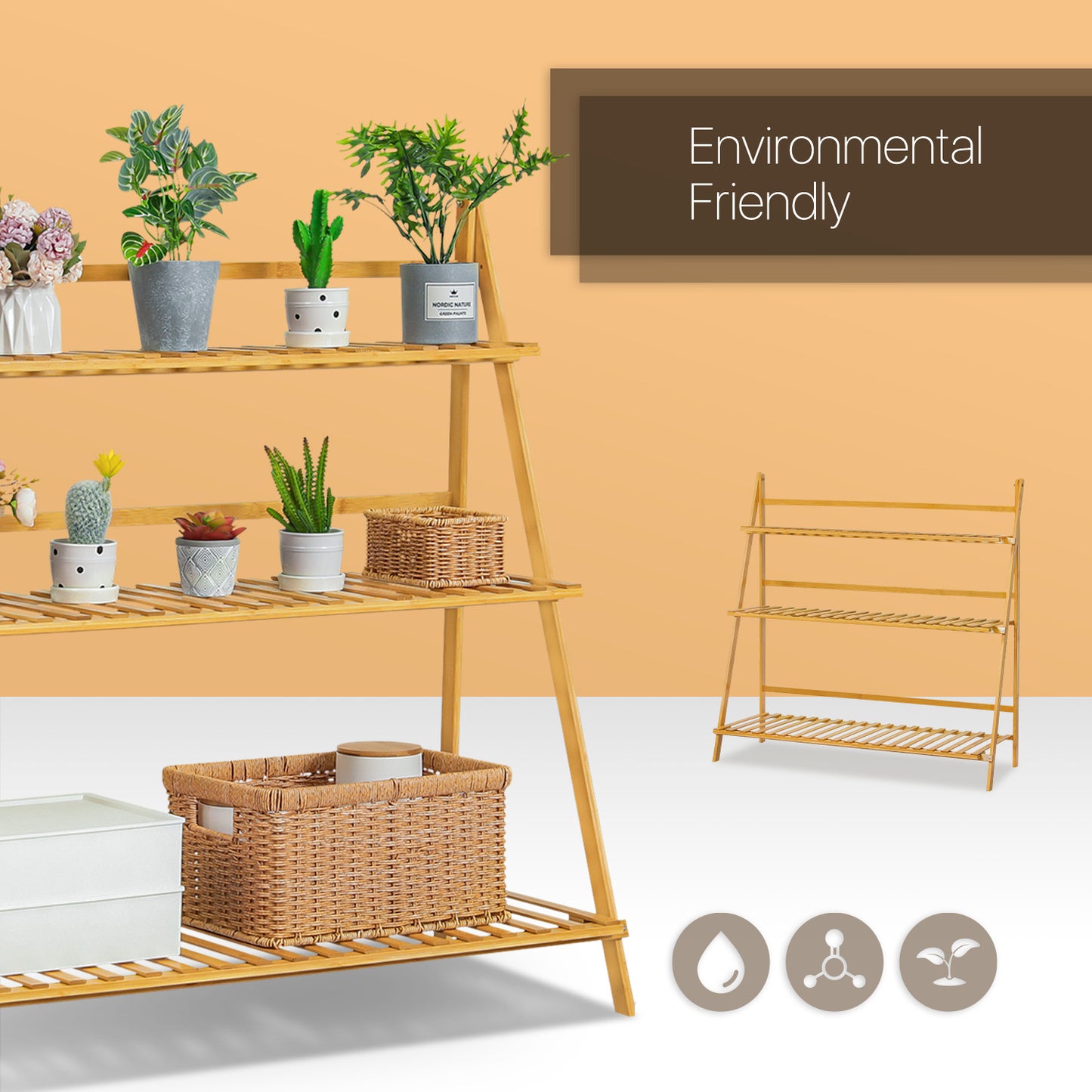 Foldable Flower Plant Rack - A Frame Stand Shelf - 3 Tier - Natural