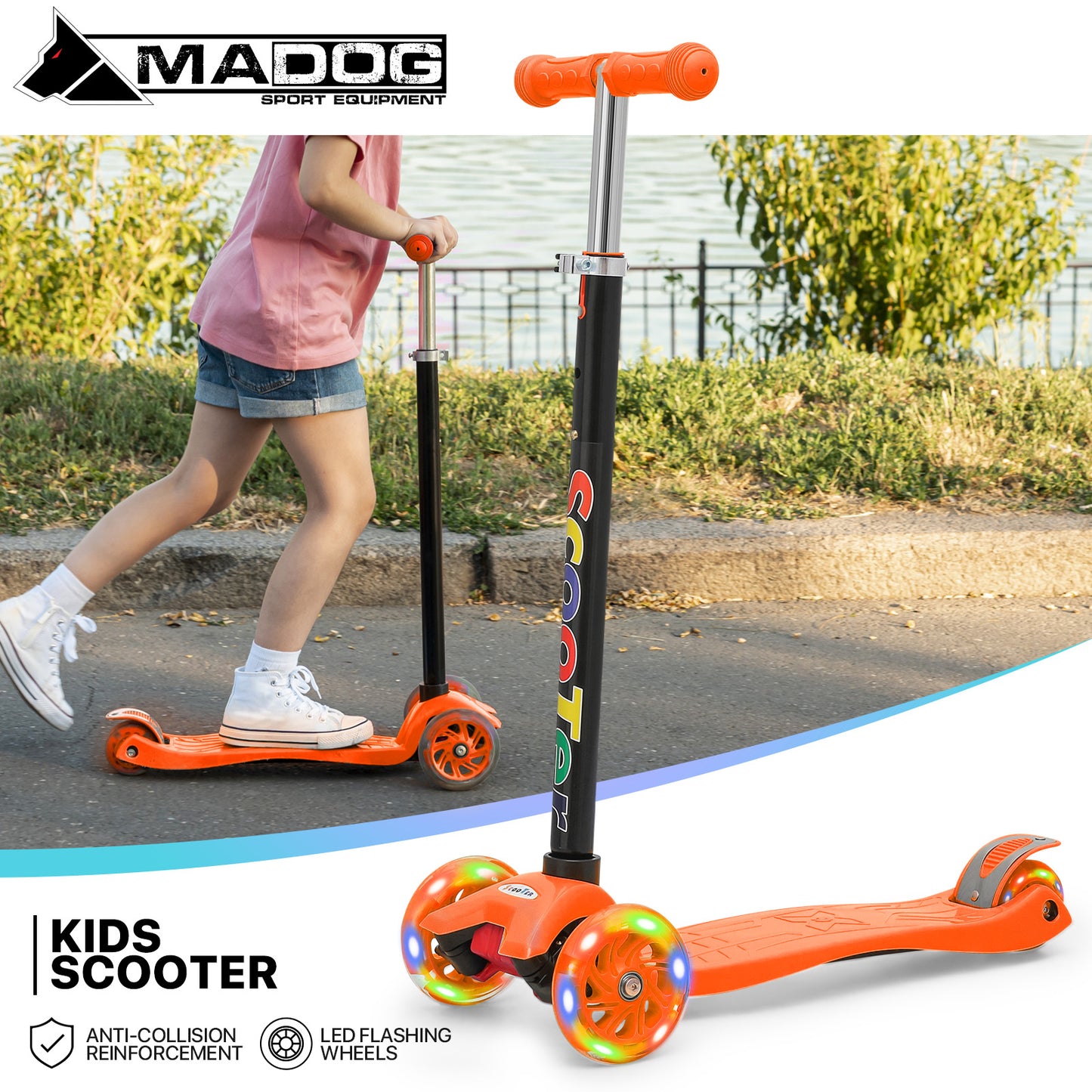 Kids Kick Scooter - 3 LED Wheels - Adjustable Height Handlebar