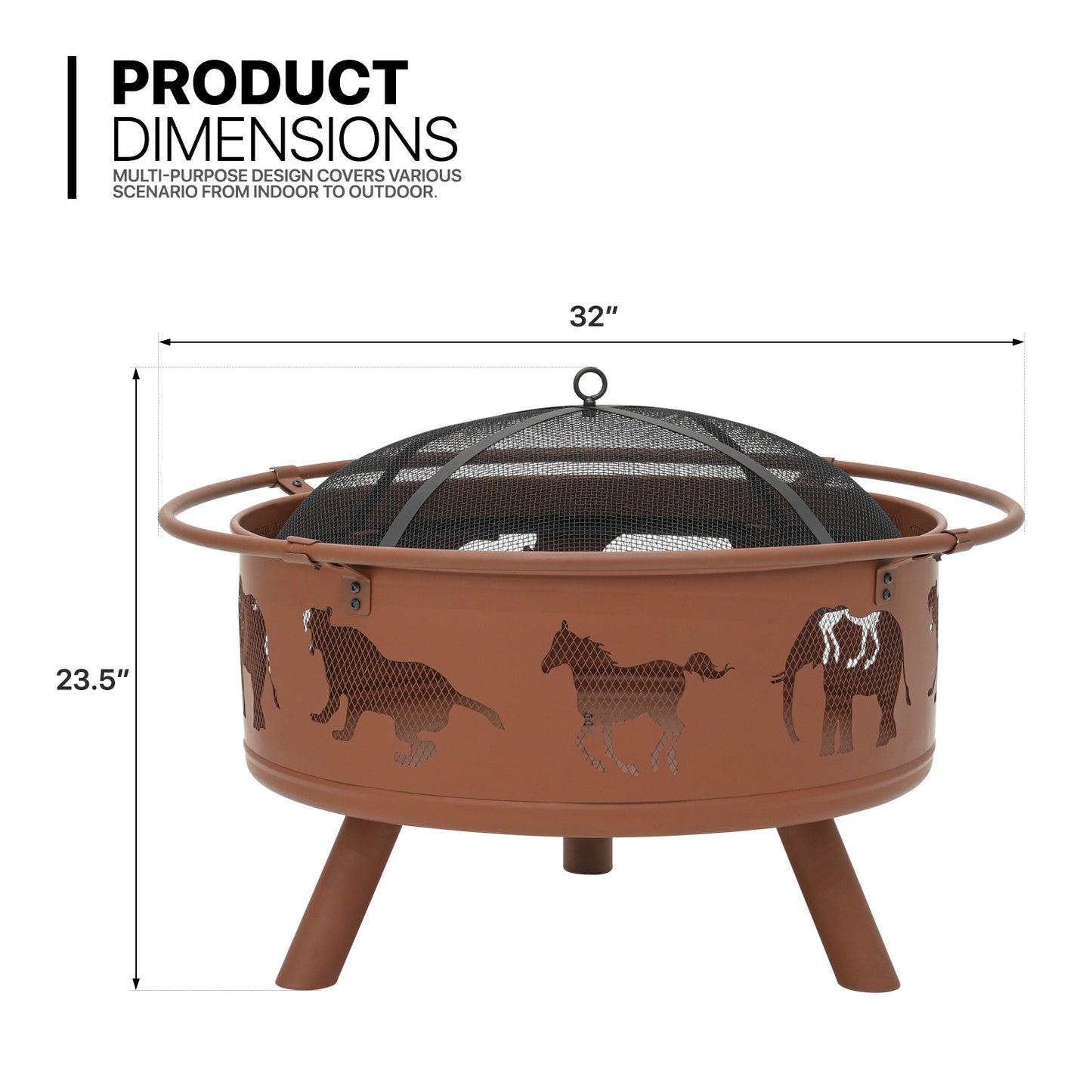 32" Horse Pattern Round Fire Pit w/Poker & Spark Screen