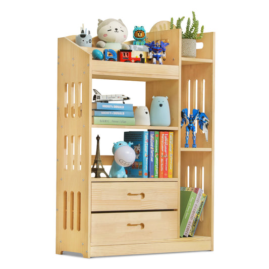 Wooden Display Storage Organizer - Unequal Top - 4 Tier - with Drawer - 33" - Natural