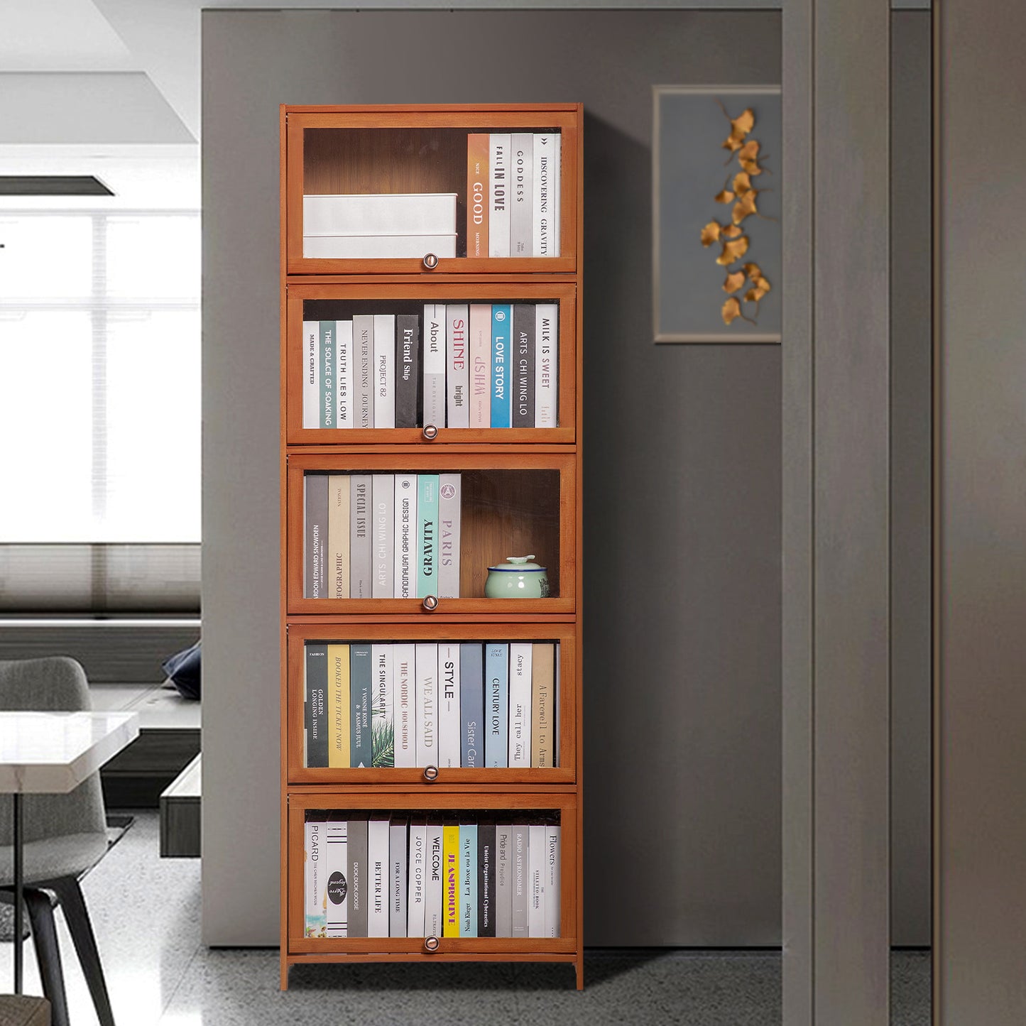 Slide Up Acrylic Panel Door Multi-Functional Storage Cabinet - 5 Tier - Brown