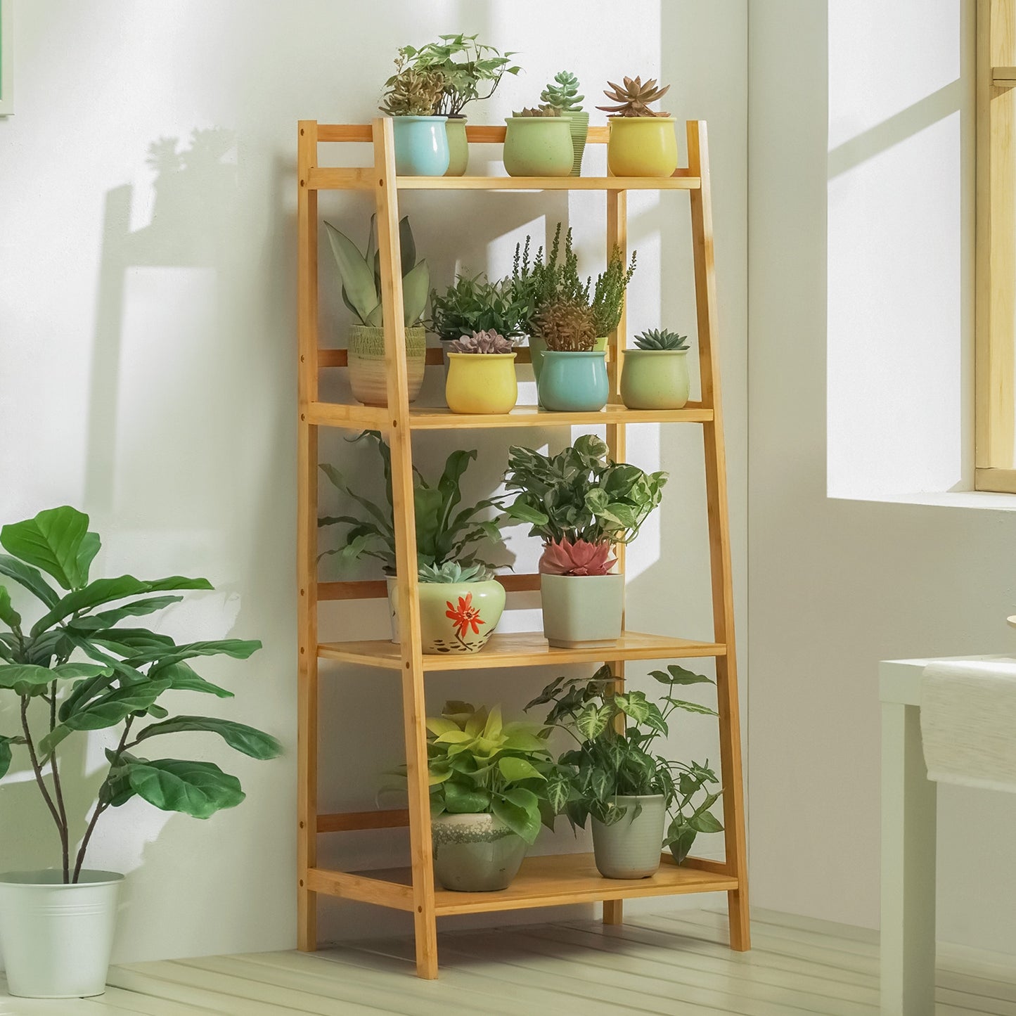 Simplified Trapezoid Multi-Functional Flower Plant Rack - 4 Tier - Natural