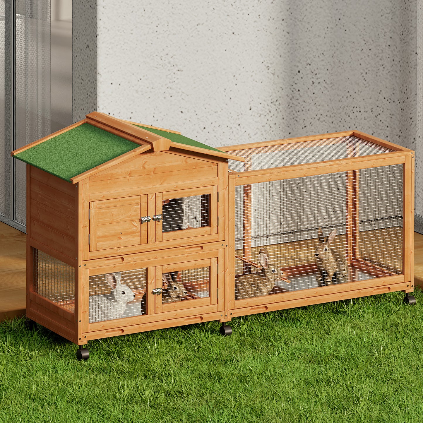Wooden Chicken Coop Rabbit Hutch - House Shape - 63.5'' Length - w/6 Wheels