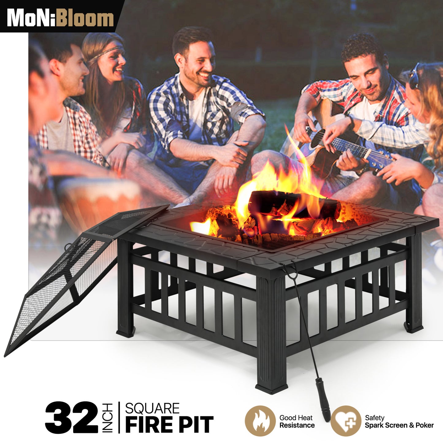 32" Square Fire Pit Table w/Log Grate+Poker & Spark Screen