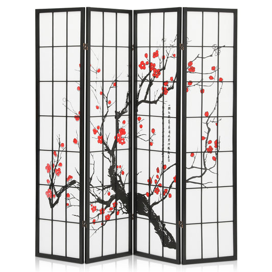 4-Panel Flower Painting Room Divider - Black