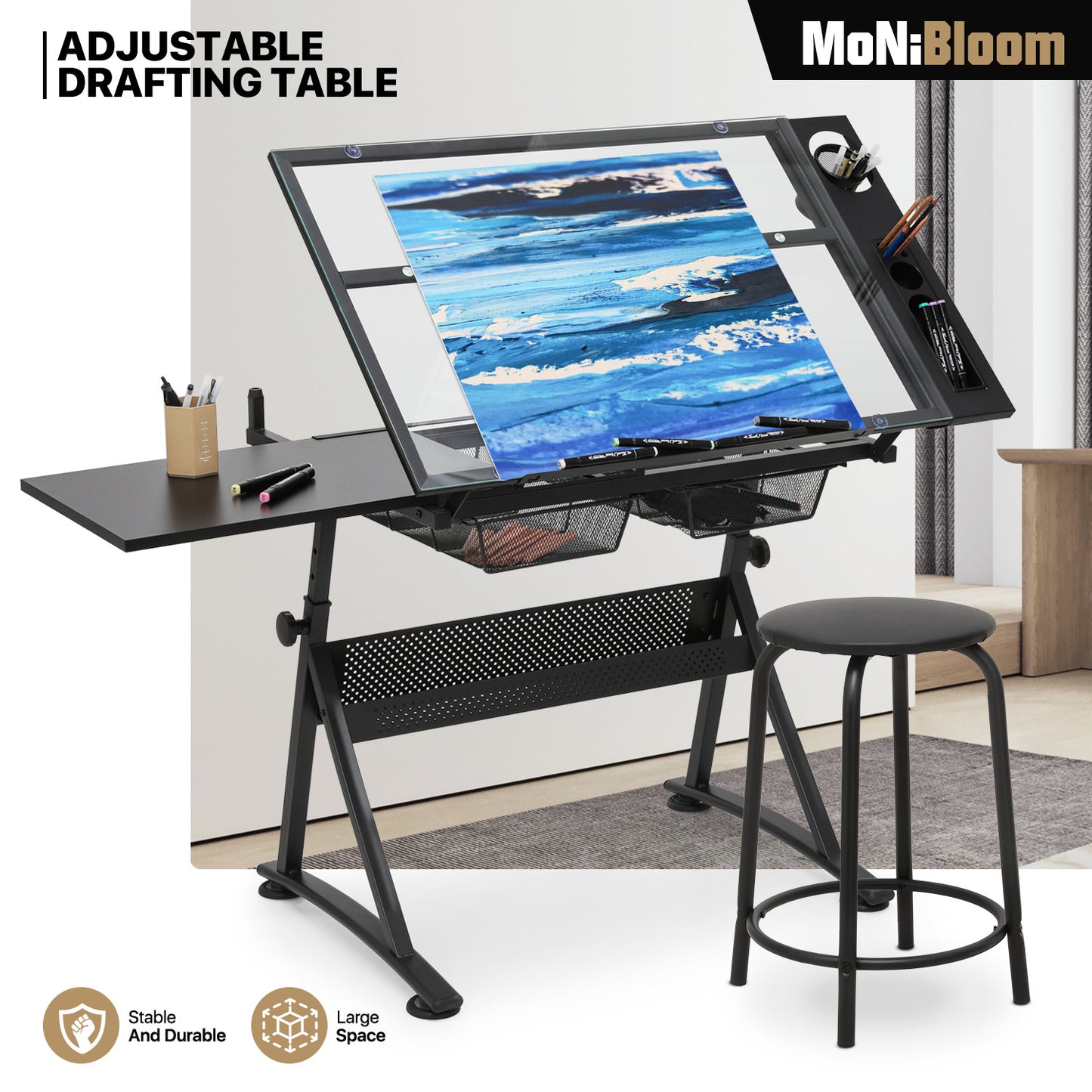 Drafting Table - 53" Crystal desktop with frame, 2 mesh drawers, with black stool