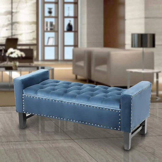 Blue Storage Ottoman Bench Microfiber Upholstered Seat Rectangle Footrest Stool