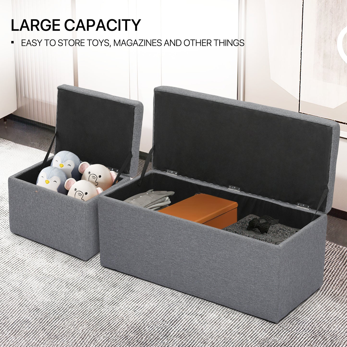 Set of 3 Lift top Storage Ottoman Bench Upholstered Footrest w/2 Cube Stool