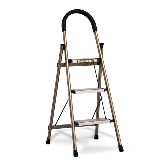 U-Shaped Padded Handle Folding Step Ladder - 3 Steps 3.78 ft/45.3", Gold