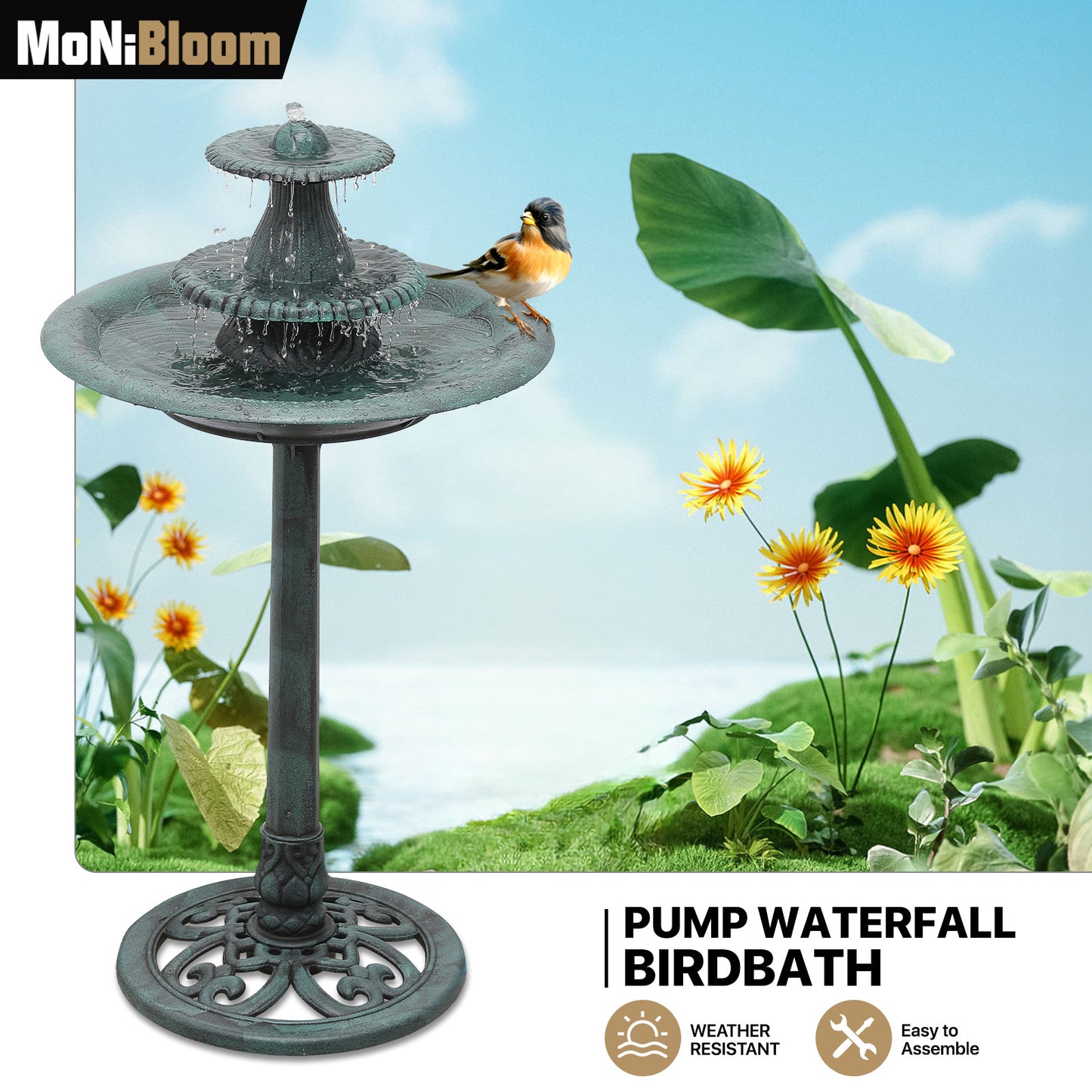 35" Tall Outdoor 3-Tiered Pedestal Water Fountain - Bird Bath