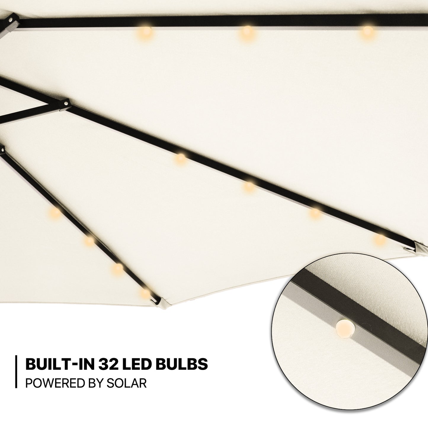 9 Ft LED Solor Light Market Umbrella - 32 Light Bulbs - 180g Polyester with PU Coating
