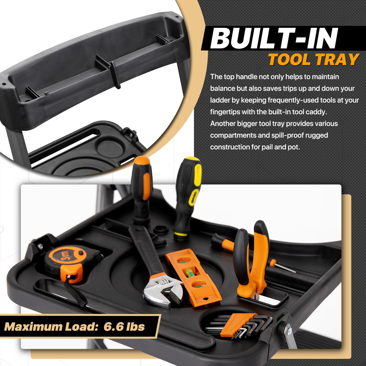 Tool Holder Handle Folding Step Ladder w/Tool Tray - 2 Steps 3.68 ft/44.1", Black