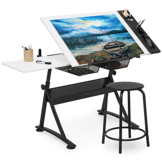 Drafting Table - 61" White desktop with black frame, 2 mesh drawers, with black stool
