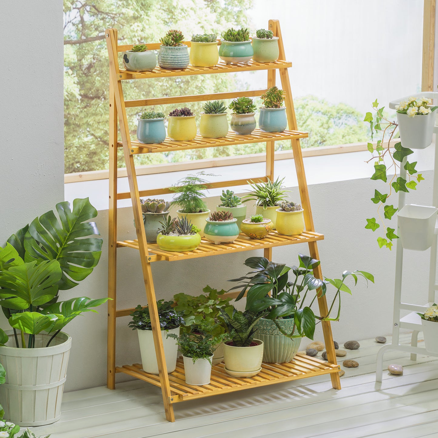 Foldable Flower Plant Rack - A Frame Stand Shelf - 4 Tier - Natural