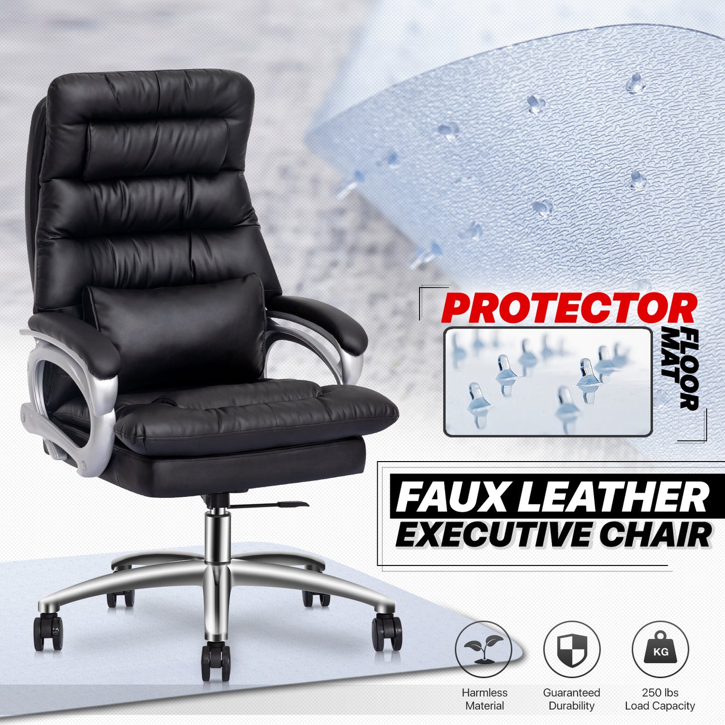 Faux Leather Executive Chair with Lumbar Support - 29" x 47" Studded Mat Set