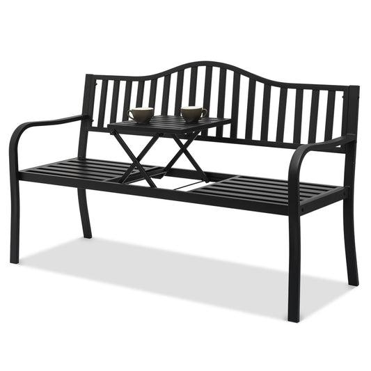 59" Iron Patio Garden Bench - with Adjustable Table - Vertical Bar Pattern