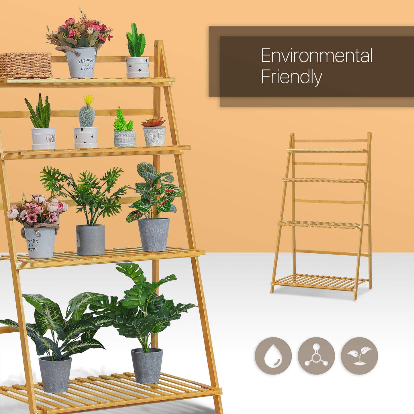 Foldable Flower Plant Rack - A Frame Stand Shelf - 4 Tier - Natural