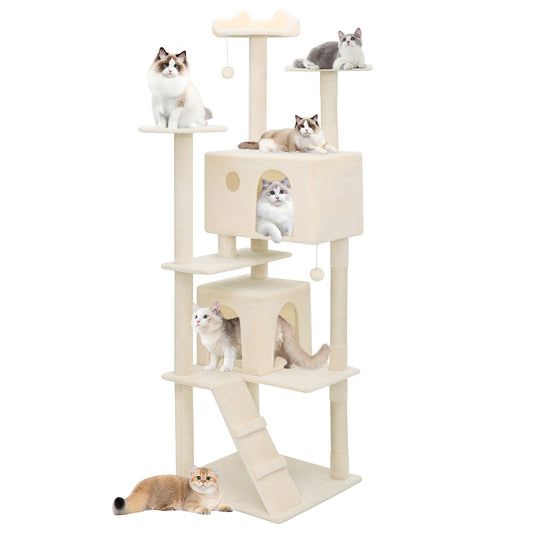 Cat Tree - 77'' Height - w/Anti-Tipping Rope, Fabric Scratching Post