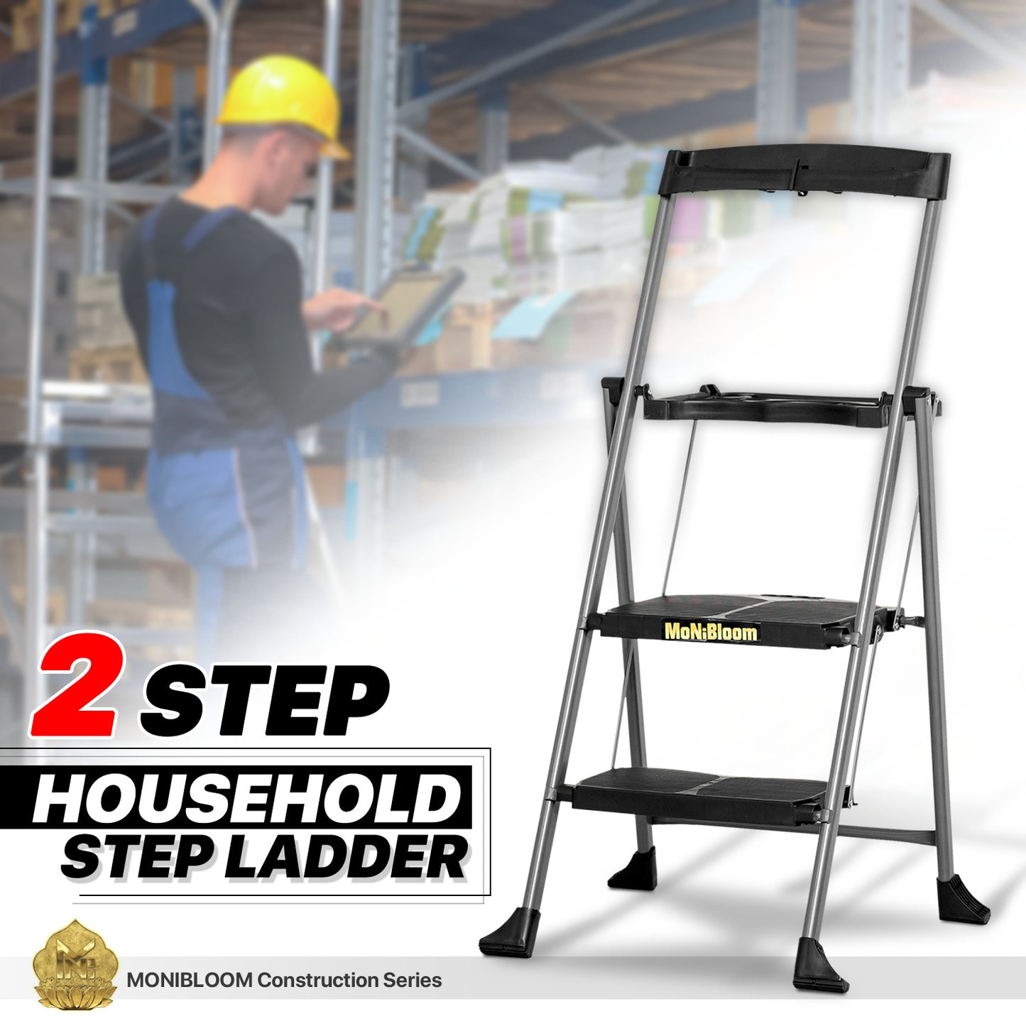 Tool Holder Handle Folding Step Ladder w/Tool Tray - 2 Steps 3.68 ft/44.1", Black