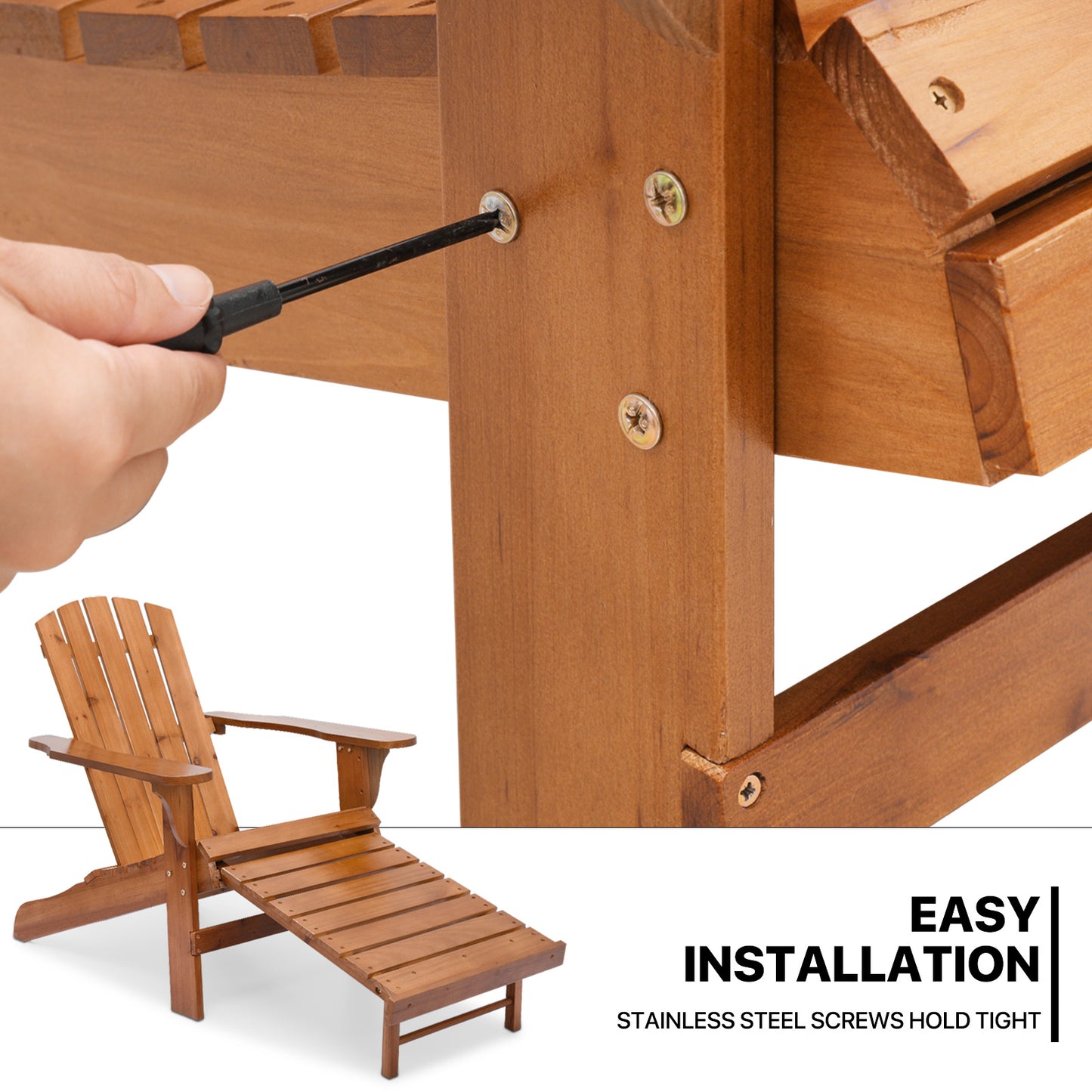 Bistro Set - 2 Adirondack Chair & 1 Table - Retractable Footrest - Folding Table