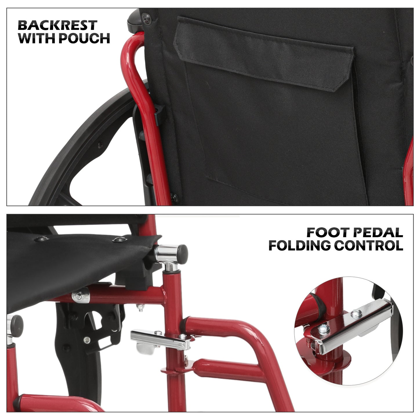 Manual Wheelchair -  Red, FDA Approved - 18"x16" Seat