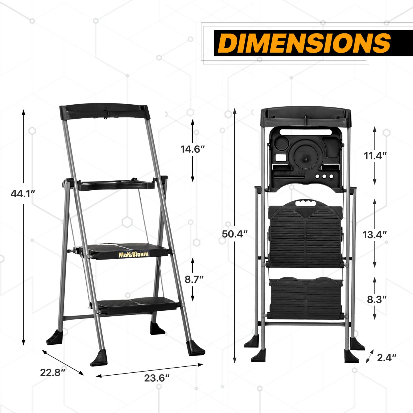 Tool Holder Handle Folding Step Ladder w/Tool Tray - 2 Steps 3.68 ft/44.1", Black