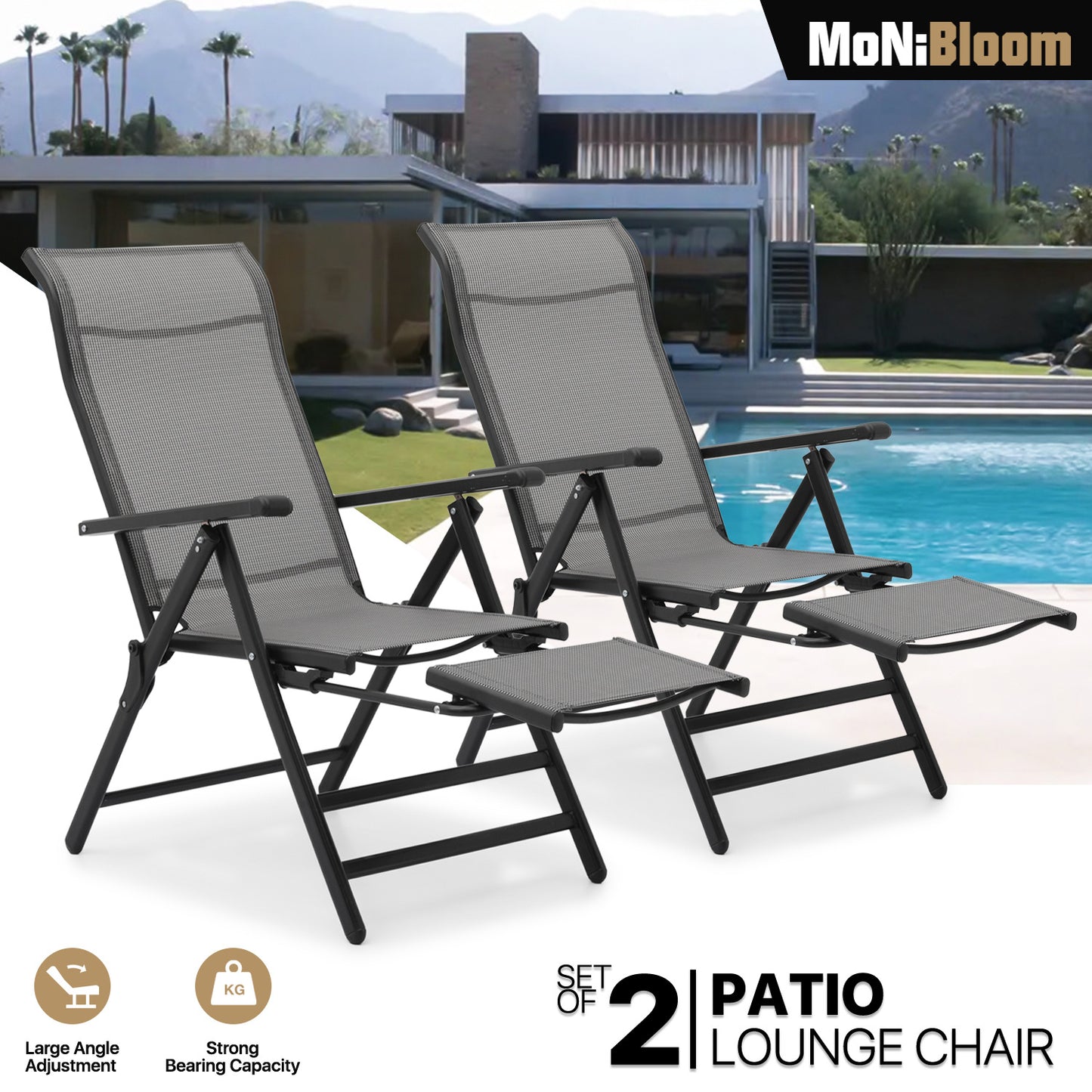 2 Pack Folding Lounge Chair - Retractable Footrest